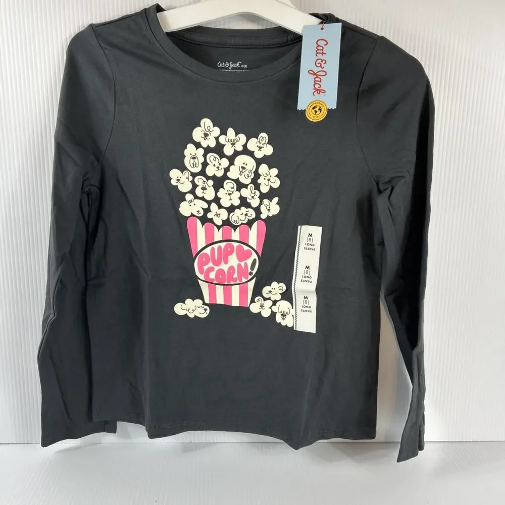 Cat & Jack long sleeve T-shirt Pup Corn Gray M/8 NWT Graphic Popcorn Puppy